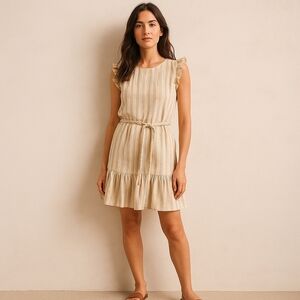 Marine Layer Linen Blend Stripe Dress XS Braided Belt Neutral Coastal Style NWT